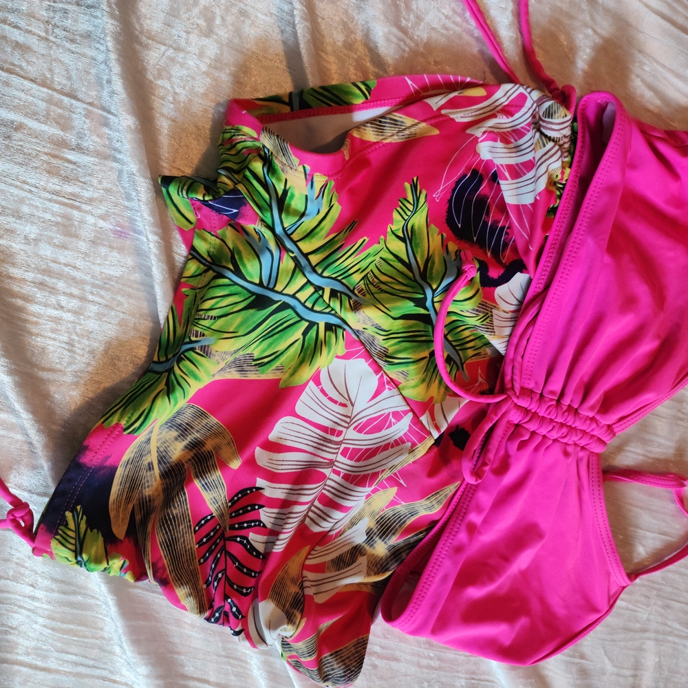 SHEIN Pink and Green Tropical Bikini